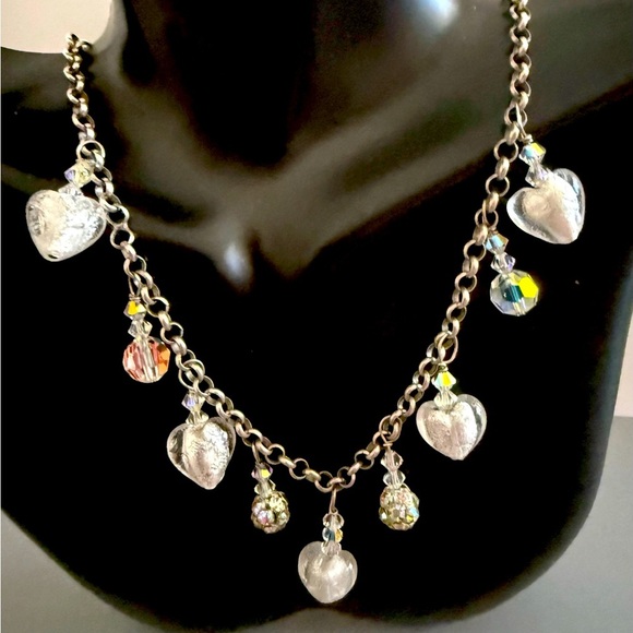 Estate Vintage Sterling Silver Heart Glass Crystal Curb Link Necklace - Picture 1 of 6